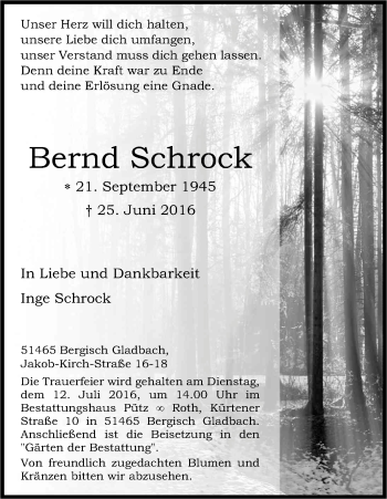 Anzeige von Bernd Schrock von Kölner Stadt-Anzeiger / Kölnische Rundschau / Express