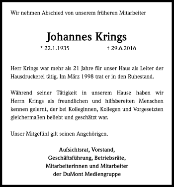 Anzeige von Johannes Krings von Kölner Stadt-Anzeiger / Kölnische Rundschau / Express