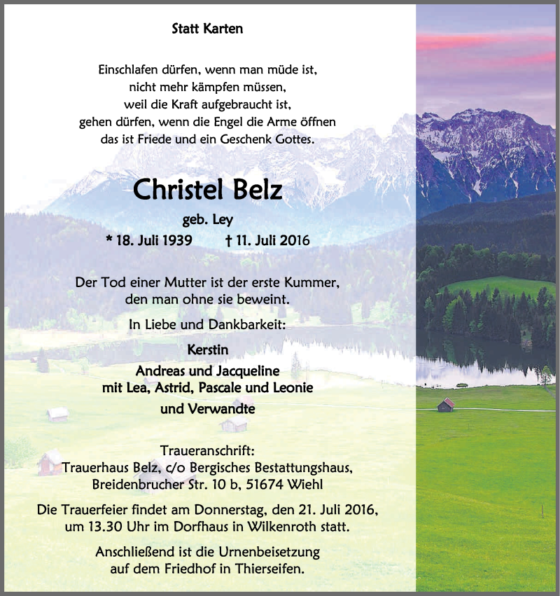  Traueranzeige für Christel Belz vom 16.07.2016 aus Kölner Stadt-Anzeiger / Kölnische Rundschau / Express