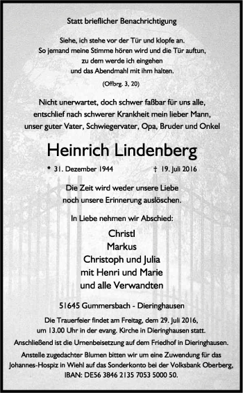 Anzeige von Heinrich Lindenberg von Kölner Stadt-Anzeiger / Kölnische Rundschau / Express