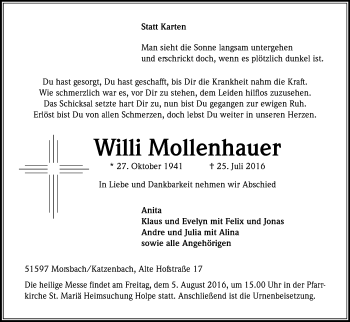 Anzeige von Willi Mollenhauer von Kölner Stadt-Anzeiger / Kölnische Rundschau / Express