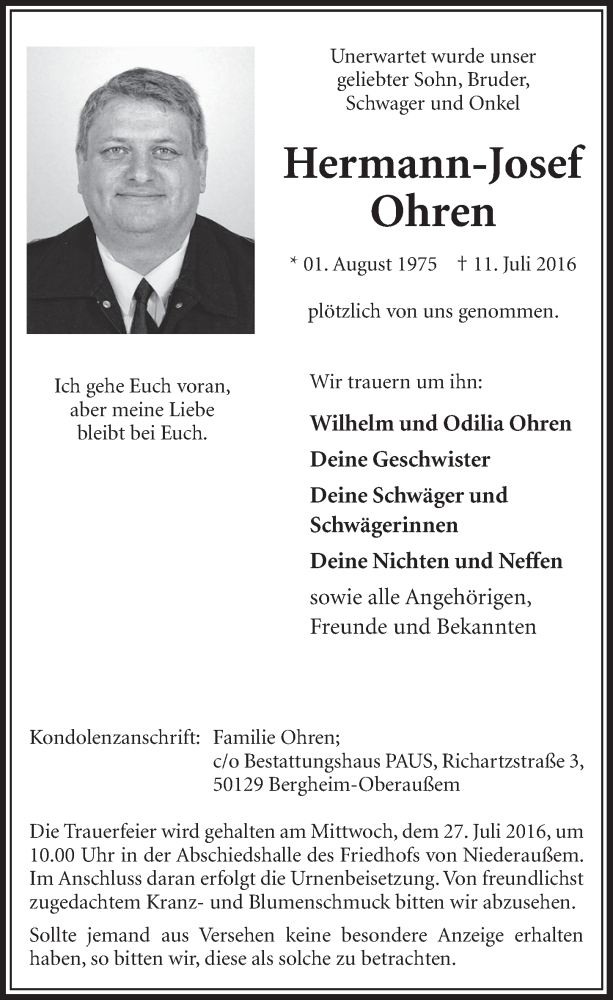  Traueranzeige für Hermann-Josef Ohren vom 23.07.2016 aus  Sonntags-Post 