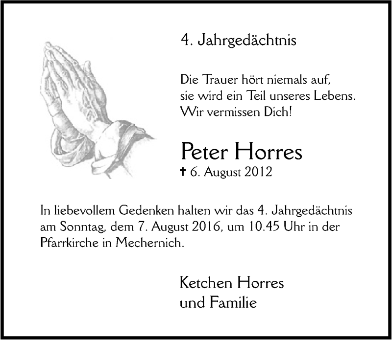 Traueranzeige für Peter Horres vom 30.07.2016 aus  Blickpunkt Euskirchen 