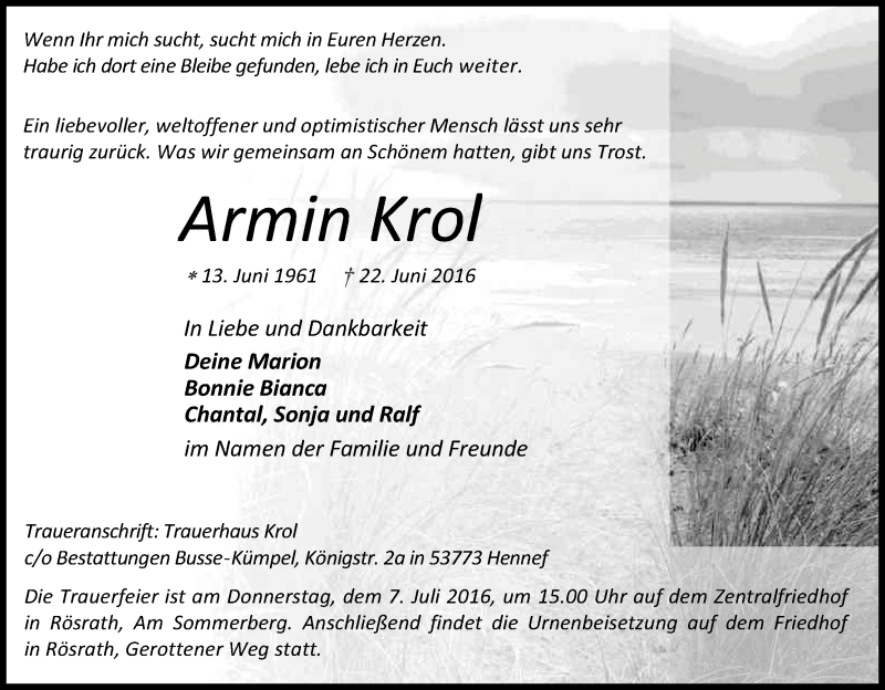  Traueranzeige für Armin Krol vom 05.07.2016 aus Kölner Stadt-Anzeiger / Kölnische Rundschau / Express