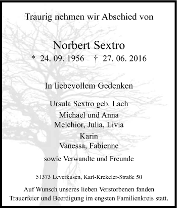 Anzeige von Norbert Sextro von Kölner Stadt-Anzeiger / Kölnische Rundschau / Express