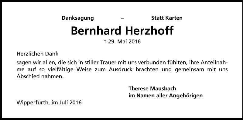  Traueranzeige für Bernhard Herzhoff vom 02.07.2016 aus Kölner Stadt-Anzeiger / Kölnische Rundschau / Express