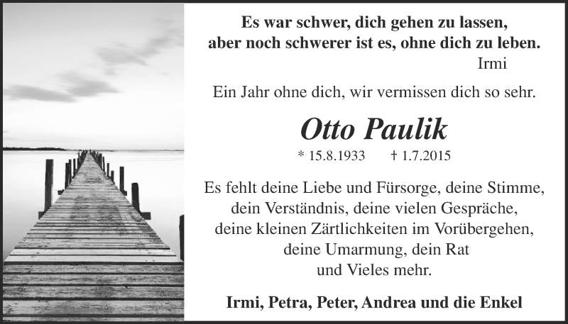  Traueranzeige für Otto Paulik vom 02.07.2016 aus  Blickpunkt Euskirchen 