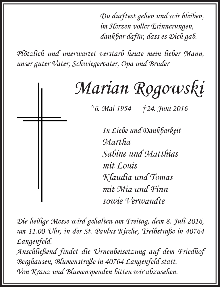  Traueranzeige für Marian Rogowski vom 02.07.2016 aus  Leverkusener Wochenende 