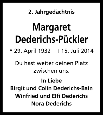 Anzeige von Margaret Dederichs-Pückler von Kölner Stadt-Anzeiger / Kölnische Rundschau / Express