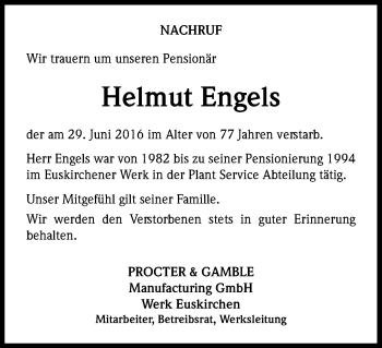 Anzeige von Helmut Engels von Kölner Stadt-Anzeiger / Kölnische Rundschau / Express