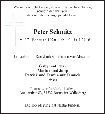 Anzeige von Peter Schmitz von  Kölner Wochenspiegel 