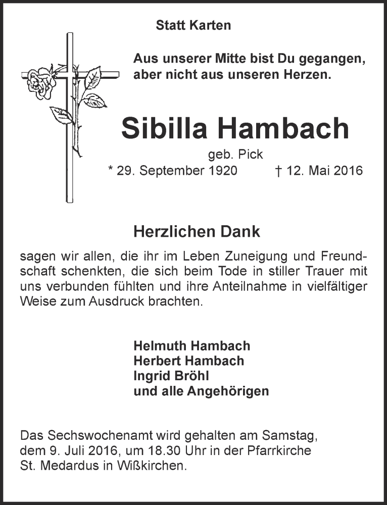  Traueranzeige für Sibilla Hambach vom 02.07.2016 aus  Blickpunkt Euskirchen 