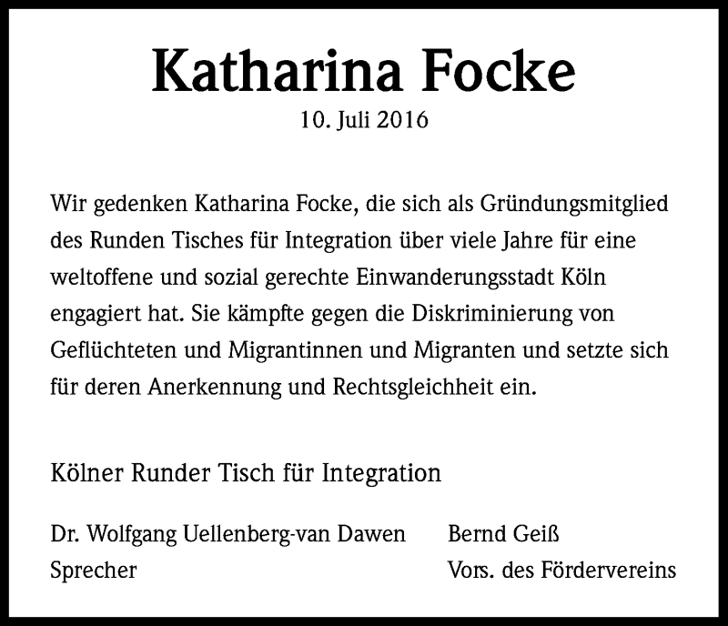  Traueranzeige für Katharina Focke vom 16.07.2016 aus Kölner Stadt-Anzeiger / Kölnische Rundschau / Express
