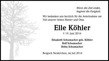 Anzeige von Elle Köhler von Kölner Stadt-Anzeiger / Kölnische Rundschau / Express