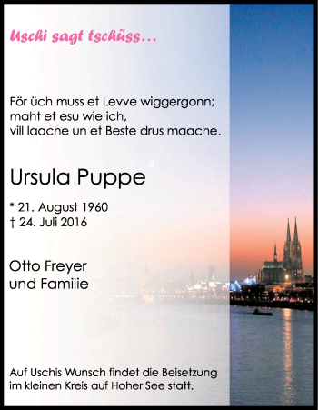 Anzeige von Ursula Puppe von Kölner Stadt-Anzeiger / Kölnische Rundschau / Express