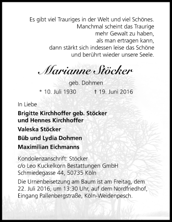Anzeige von Marianne Stöcker von Kölner Stadt-Anzeiger / Kölnische Rundschau / Express