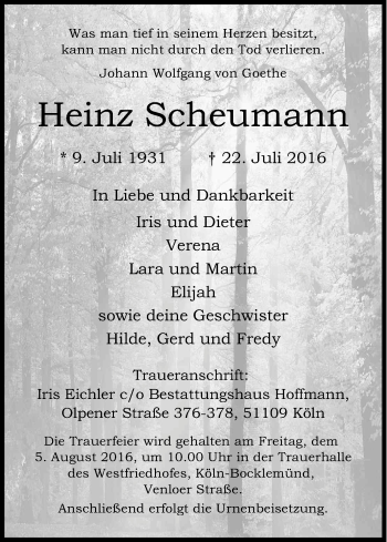 Anzeige von Heinz Scheumann von Kölner Stadt-Anzeiger / Kölnische Rundschau / Express