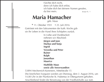 Anzeige von Maria Hamacher von  Blickpunkt Euskirchen 