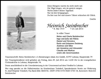 Anzeige von Heinrich Steinbrecher von Kölner Stadt-Anzeiger / Kölnische Rundschau / Express