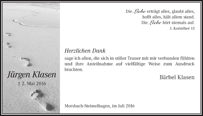  Traueranzeige für Jürgen Klasen vom 20.07.2016 aus  Lokalanzeiger 