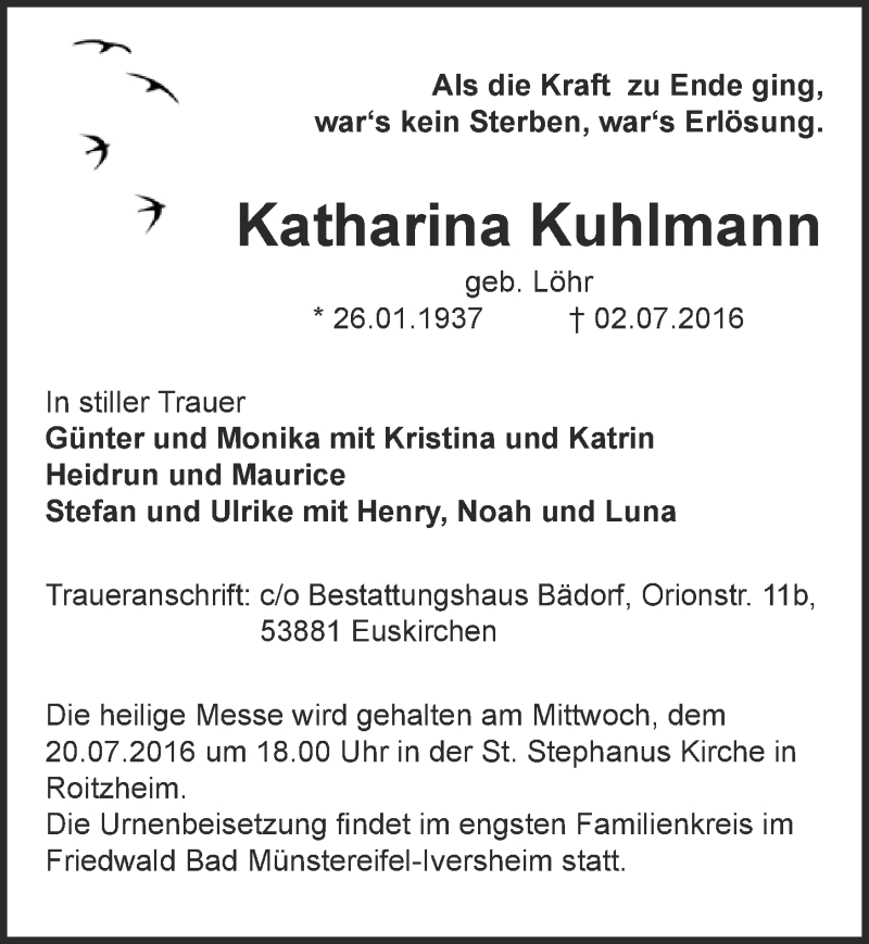  Traueranzeige für Katharina Kuhlmann vom 16.07.2016 aus  Blickpunkt Euskirchen 