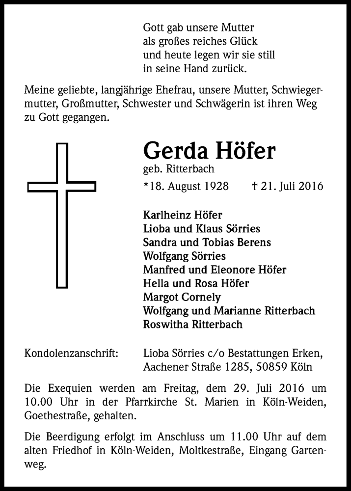  Traueranzeige für Gerda Höfer vom 27.07.2016 aus Kölner Stadt-Anzeiger / Kölnische Rundschau / Express