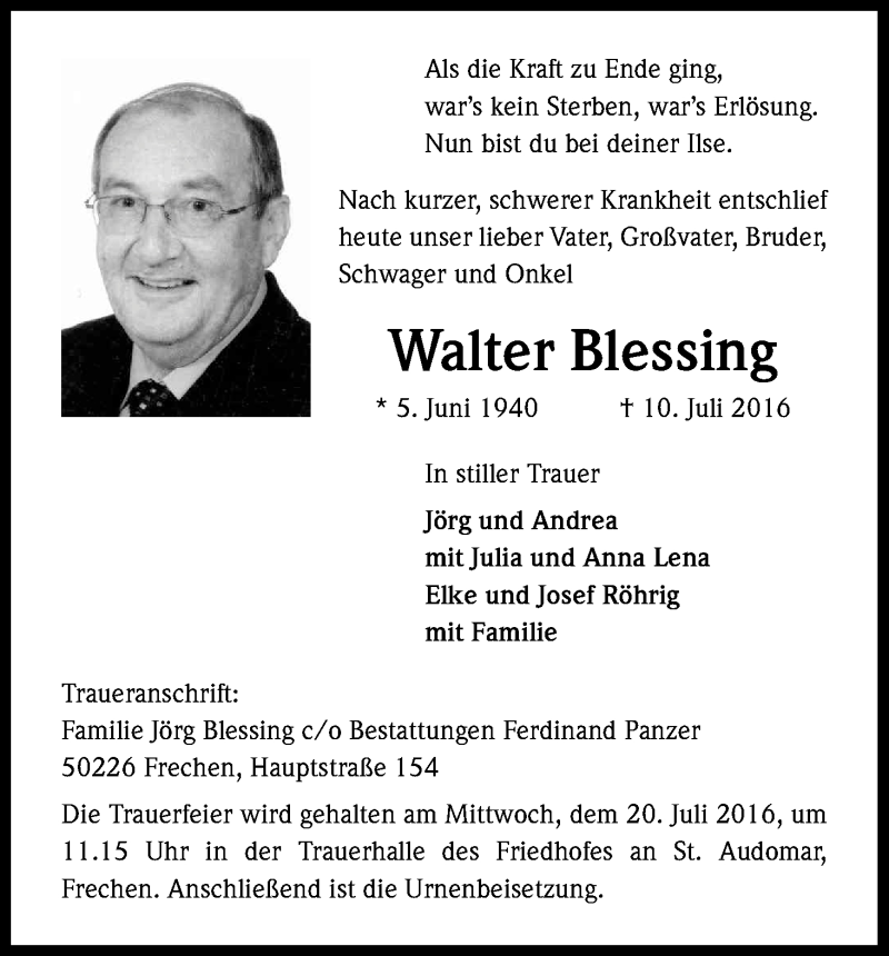  Traueranzeige für Walter Blessing vom 16.07.2016 aus Kölner Stadt-Anzeiger / Kölnische Rundschau / Express