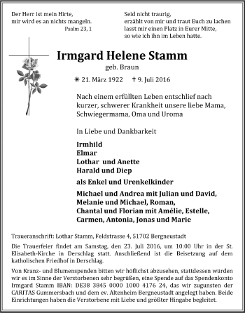 Anzeige von Irmgard Helene Stamm von Köln - Wir Trauern