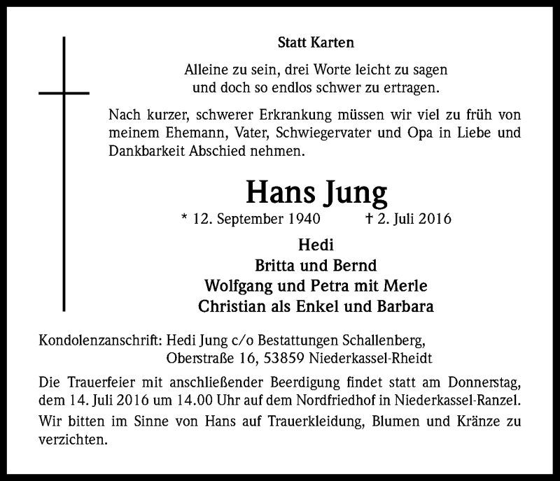  Traueranzeige für Hans Jung vom 09.07.2016 aus Kölner Stadt-Anzeiger / Kölnische Rundschau / Express