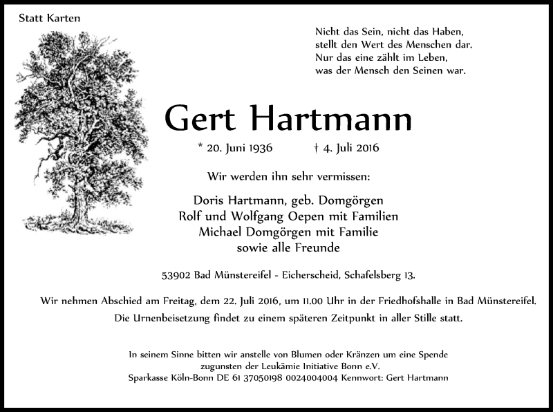  Traueranzeige für Gert Hartmann vom 16.07.2016 aus Kölner Stadt-Anzeiger / Kölnische Rundschau / Express