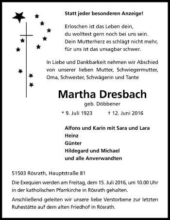 Anzeige von Martha Dresbach von Kölner Stadt-Anzeiger / Kölnische Rundschau / Express
