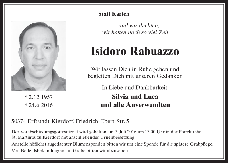  Traueranzeige für Isidoro Rabuazzo vom 06.07.2016 aus  Werbepost 