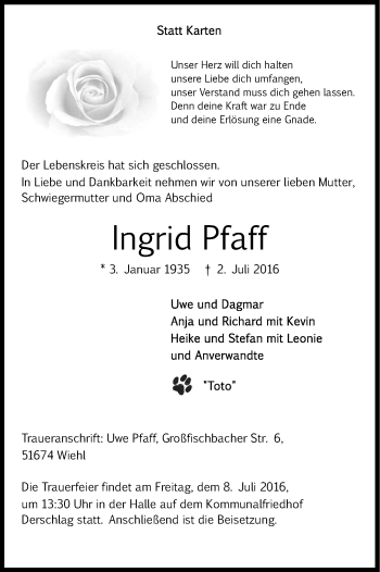 Anzeige von Ingrid Pfaff von Kölner Stadt-Anzeiger / Kölnische Rundschau / Express