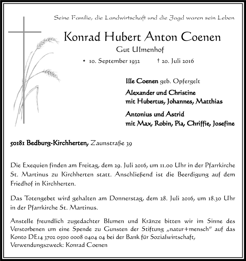 Traueranzeige für Konrad Hubert Anton Coenen vom 23.07.2016 aus Kölner Stadt-Anzeiger / Kölnische Rundschau / Express