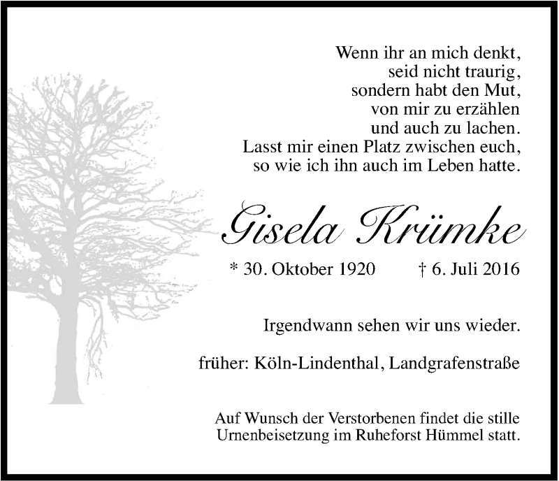  Traueranzeige für Gisela Krümke vom 16.07.2016 aus Köln - Wir Trauern