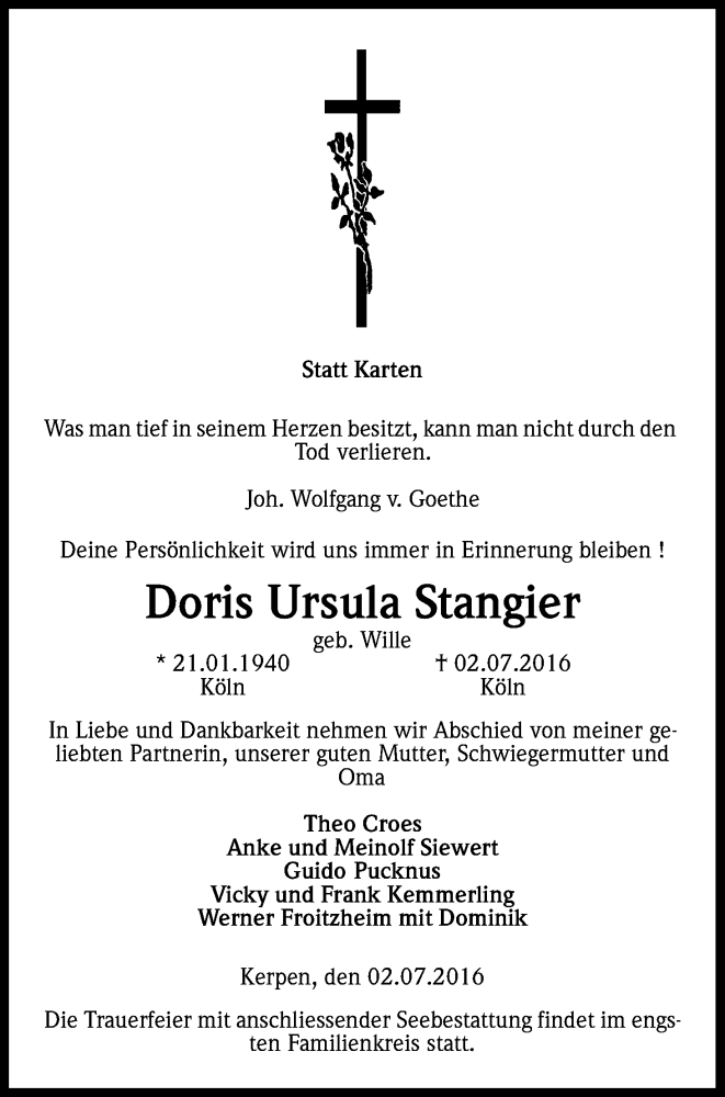  Traueranzeige für Doris Ursula Stangier vom 09.07.2016 aus Kölner Stadt-Anzeiger / Kölnische Rundschau / Express