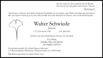 Anzeige von Walter Schwiede von Kölner Stadt-Anzeiger / Kölnische Rundschau / Express