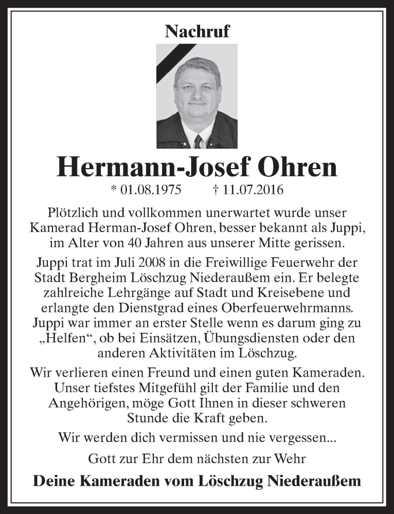  Traueranzeige für Hermann-Josef Ohren vom 27.07.2016 aus  Werbepost 