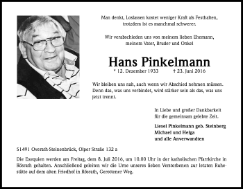 Anzeige von Hans Pinkelmann von Kölner Stadt-Anzeiger / Kölnische Rundschau / Express