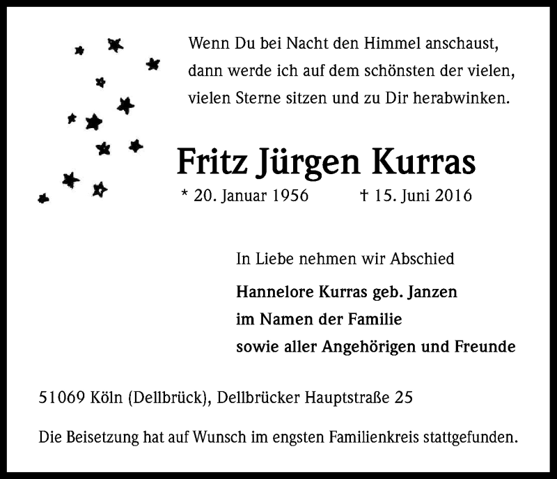  Traueranzeige für Fritz Jürgen Kurras vom 09.07.2016 aus Kölner Stadt-Anzeiger / Kölnische Rundschau / Express