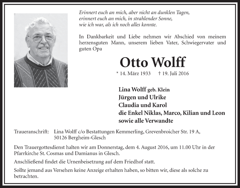  Traueranzeige für Otto Wolff vom 30.07.2016 aus  Sonntags-Post 