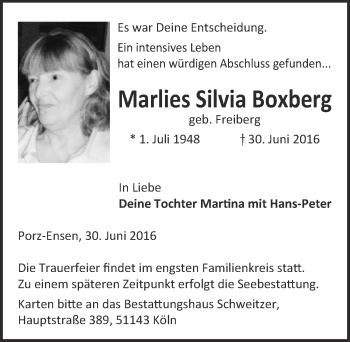 Anzeige von Marlies Silvia Boxberg von  Kölner Wochenspiegel 