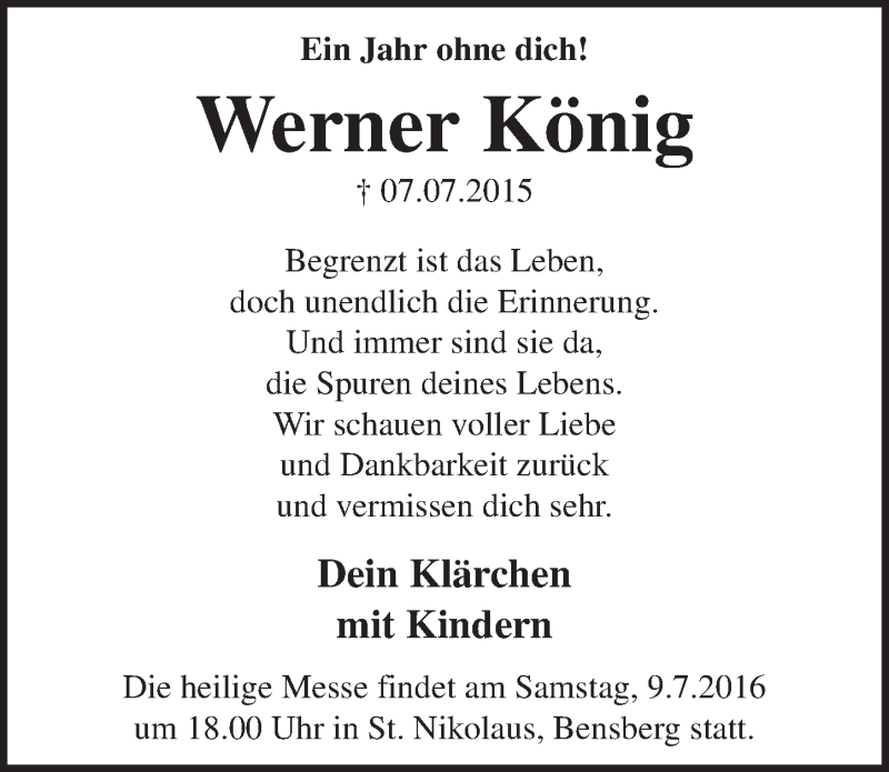  Traueranzeige für Werner König vom 06.07.2016 aus  Bergisches Handelsblatt 