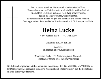 Anzeige von Heinz Lucke von Kölner Stadt-Anzeiger / Kölnische Rundschau / Express