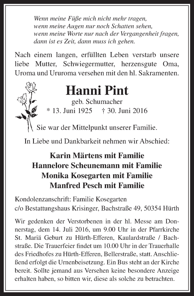  Traueranzeige für Hanni Pint vom 13.07.2016 aus  Wochenende 