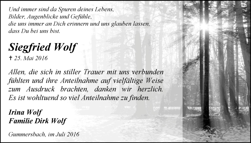  Traueranzeige für Siegfried Wolf vom 06.07.2016 aus  Anzeigen Echo 