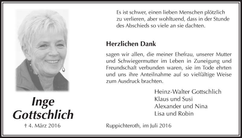  Traueranzeige für Inge Gottschlich vom 13.07.2016 aus  Lokalanzeiger 