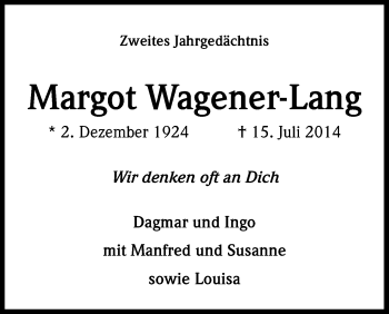 Anzeige von Margot Wagener-Lang von Kölner Stadt-Anzeiger / Kölnische Rundschau / Express