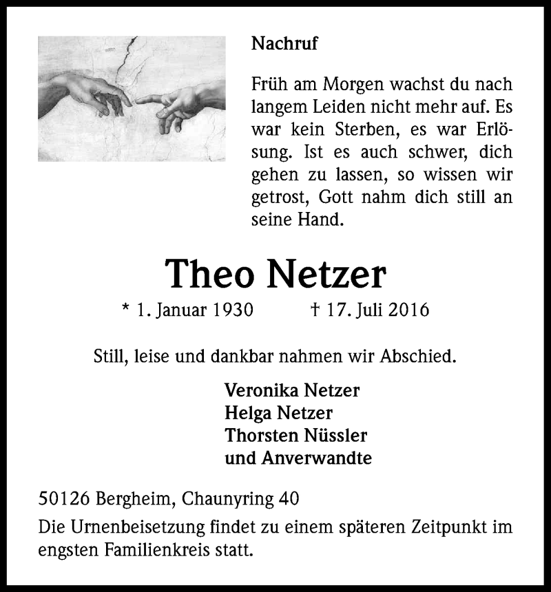  Traueranzeige für Theo Netzer vom 30.07.2016 aus Kölner Stadt-Anzeiger / Kölnische Rundschau / Express