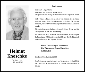 Anzeige von Helmut Kneschke von Kölner Stadt-Anzeiger / Kölnische Rundschau / Express